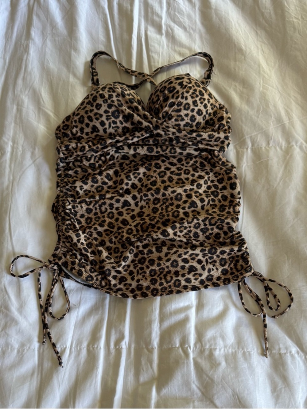 Leopard Print Tankini Top with Adjustable Side Ties - Brown/Black